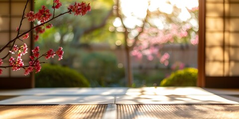 Japanese Tea House with Tatami Mats, Shoji Doors, and Cherry Blossoms. Concept Japanese culture, Tatami mats, Shoji doors, Cherry blossoms, Tea house