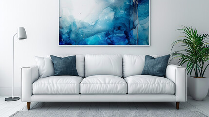 A minimalist white leather sofa set against a clean, crisp white wall with large abstract art.
