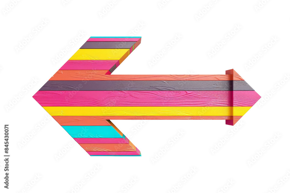 Poster Vibrant striped arrow pointing left with colorful lines on a transparent background. Perfect for design, direction, or navigation concepts.