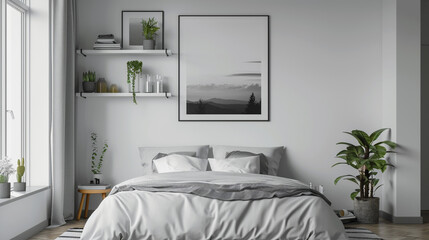 A minimalist white wall with floating shelves and a monochrome art print above the bed.