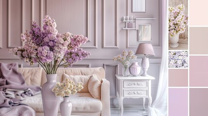a bedroom with a light pink and grey color palette, a beige sofa with white legs, a small coffee table, a floor lamp, pastel lilac flowers in a vase on a nightstand, soft curtains, and vintage  vases.