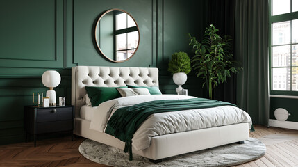 A modern bedroom with a white upholstered bed, dark green accent wall, a sleek black nightstand, and a large floor mirror.