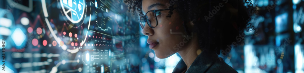 Poster a woman with glasses looks intently at a large digital display filled with data and graphics