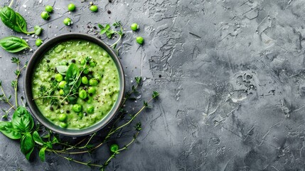 a green soup adorned with green vegetables, thyme, and fresh peas, presented on a sleek grey concrete background.