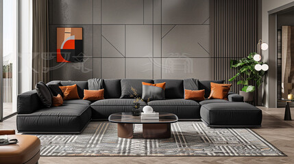 A modern living area with a black straight-up sectional sofa, a light grey wall with geometric patterns, and a glass coffee table on a monochrome rug.