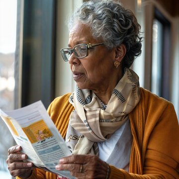 An elderly gray-haired black woman in an orange sweater is holding a brochure and reading it.