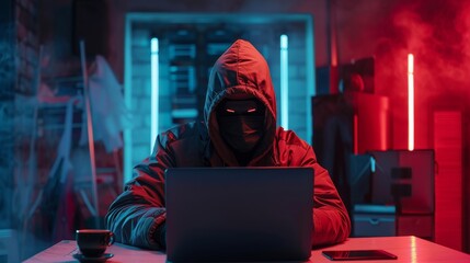 Hacker in a neon mask. Cyber criminal with laptop. Cyber crime, hacker activity, digital system security, cyber attack threat, malware virus alert concept, fraud money, ddos attack.