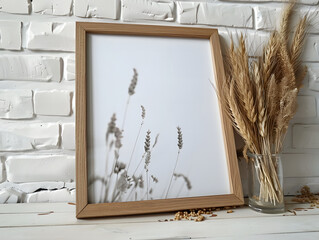 Blank maize wooden photo frame leaning at white brick wall