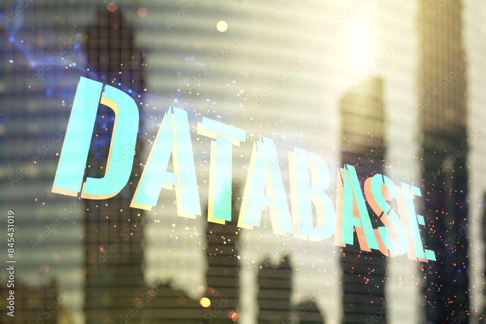 Aufkleber double exposure of database word sign on office buildings background, global research and analytics 