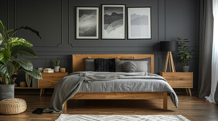 A Scandinavian bedroom with a dark grey accent wall, a light wood bed, and monochrome decor, including black and white prints.