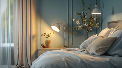 A serene bedroom with a vintage Art Deco lamp featuring a chrome base and a frosted glass shade, casting soft light on a mid-century modern nightstand.