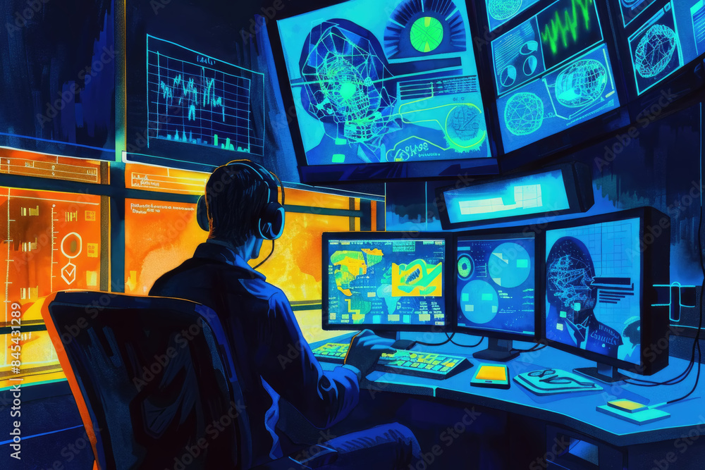 Poster a person wearing headphones sits in front of a large computer monitor, monitoring data on multiple s