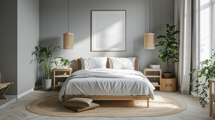 A serene Scandinavian bedroom featuring a white bed frame, light grey walls, and minimalist wooden nightstands with sleek lamps.