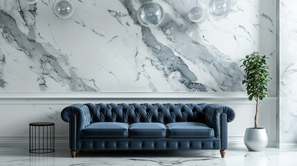 A sleek dark blue velvet sofa against a white marble wall with modern lighting.