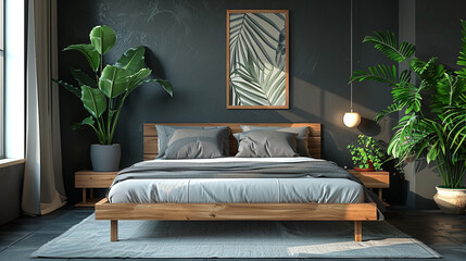 A sleek mid-century modern bedroom featuring a light wooden bed, grey accent wall, and minimalist decor, including a large plant in the corner.