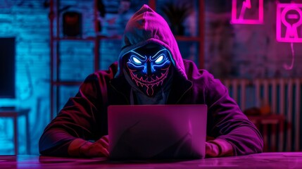 Hacker in a neon mask. Cyber criminal with laptop. Cyber crime, hacker activity, digital system security, cyber attack threat, malware virus alert concept, fraud money, ddos attack.