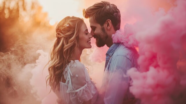 Happy couple, young family  having a gender reveal party. Pink smoke grenade. Gender reveal, it is a boy or girl concept. Generative ai