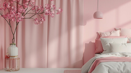 A soft pastel pink wall with minimalist decor and a contemporary upholstered headboard.