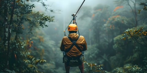 Thrill seekers zip through Costa Rican rainforests on exciting ziplining tours. Concept Adventure, Zip-lining, Costa Rica, Rainforest, Thrill Seekers