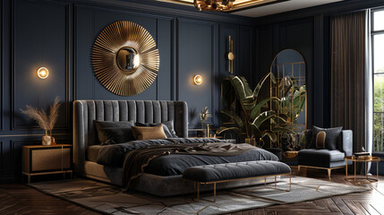 A sophisticated Art Deco bedroom featuring a grey upholstered bed, gold and black accents, and a large mirror on a navy blue wall.