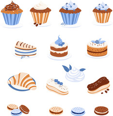 Pastel blue and beige Desserts set with croissant macaroon eclair cupcake biscuit chocolate.