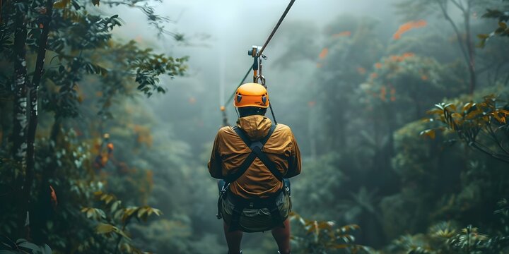 Thrill seekers zip through Costa Rican rainforests on exciting ziplining tours. Concept Adventure, Zip-lining, Costa Rica, Rainforest, Thrill Seekers