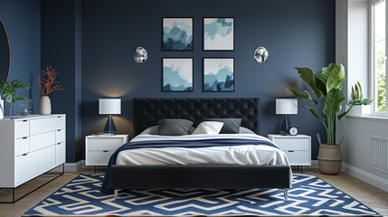 A stylish bedroom with a black platform bed, dark blue accent wall, a geometric rug, and a minimalist white dresser.