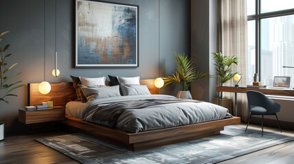 A stylish contemporary bedroom featuring a dark wood platform bed, grey bedding, a minimalist glass desk, and abstract wall art.
