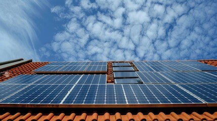 solar energy with a photo showcasing solar panels installed on the roof of a modern house against a picturesque blue sky adorned with fluffy clouds.