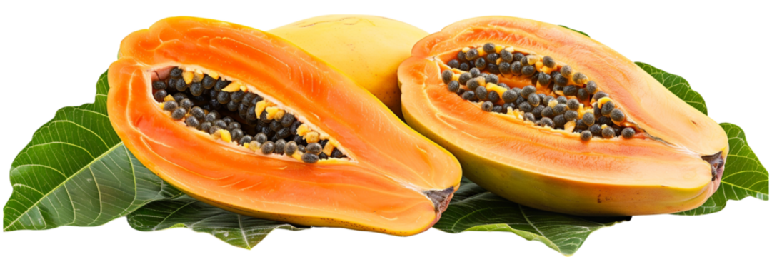 Ripe Papaya Halves with Seeds Isolated on Transparent Background, Suitable for Tropical Fruit Promotions and Healthy Eating Guides