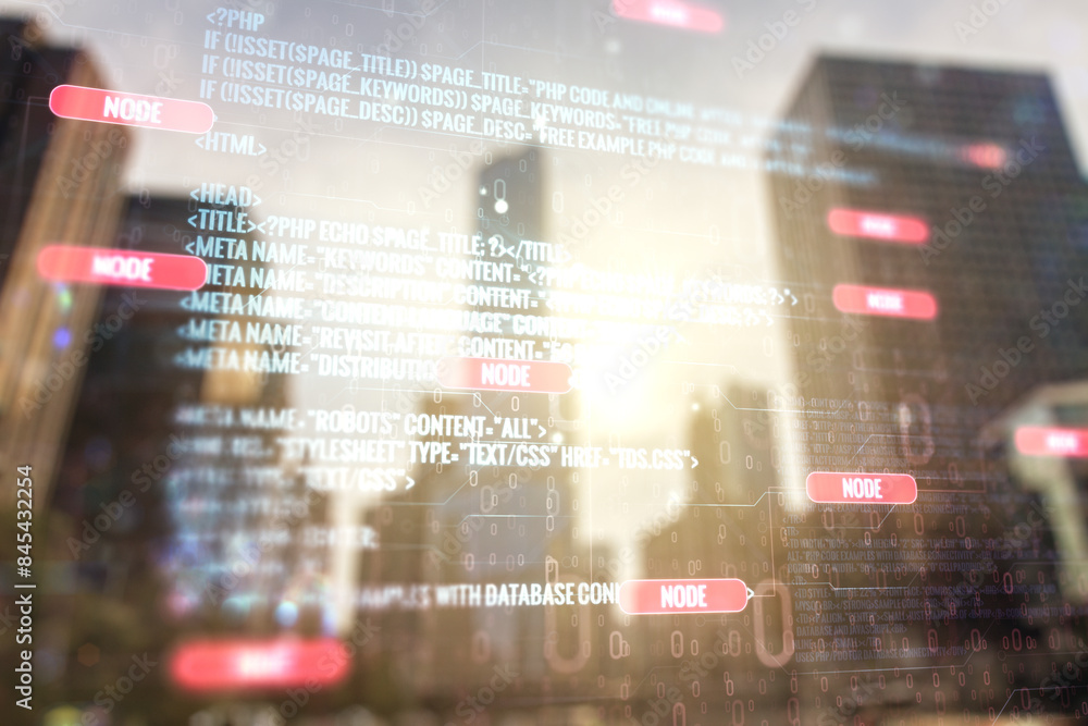 Poster multi exposure of abstract programming language hologram on blurry cityscape background, artificial 