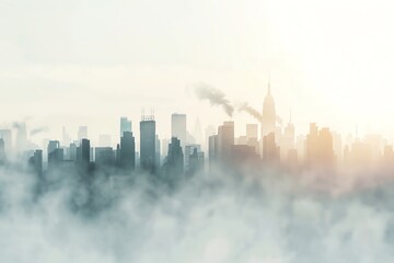 Fototapeta premium City skyline shrouded in fog and smog with a bright sky in the background, creating an atmospheric urban scene. smoke dust, pollution