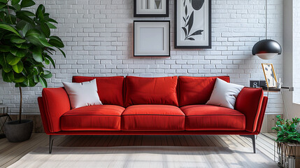A vibrant red contemporary sofa with sleek lines, set against a white brick wall with urban decor.