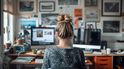 Professional Woman Working Remotely: Cozy Home Workspace with Laptop and Potted Plants