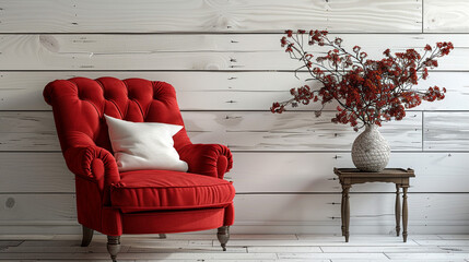A vibrant red fabric accent chair set against a white shiplap wall with nautical decor.