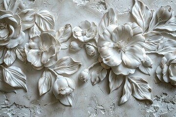 Stucco relief of camellia flowers, with their lush petals and glossy leaves, beautifully crafted to create a three-dimensional effect.