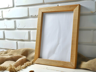 Blank maize wooden photo frame leaning at white brick wall