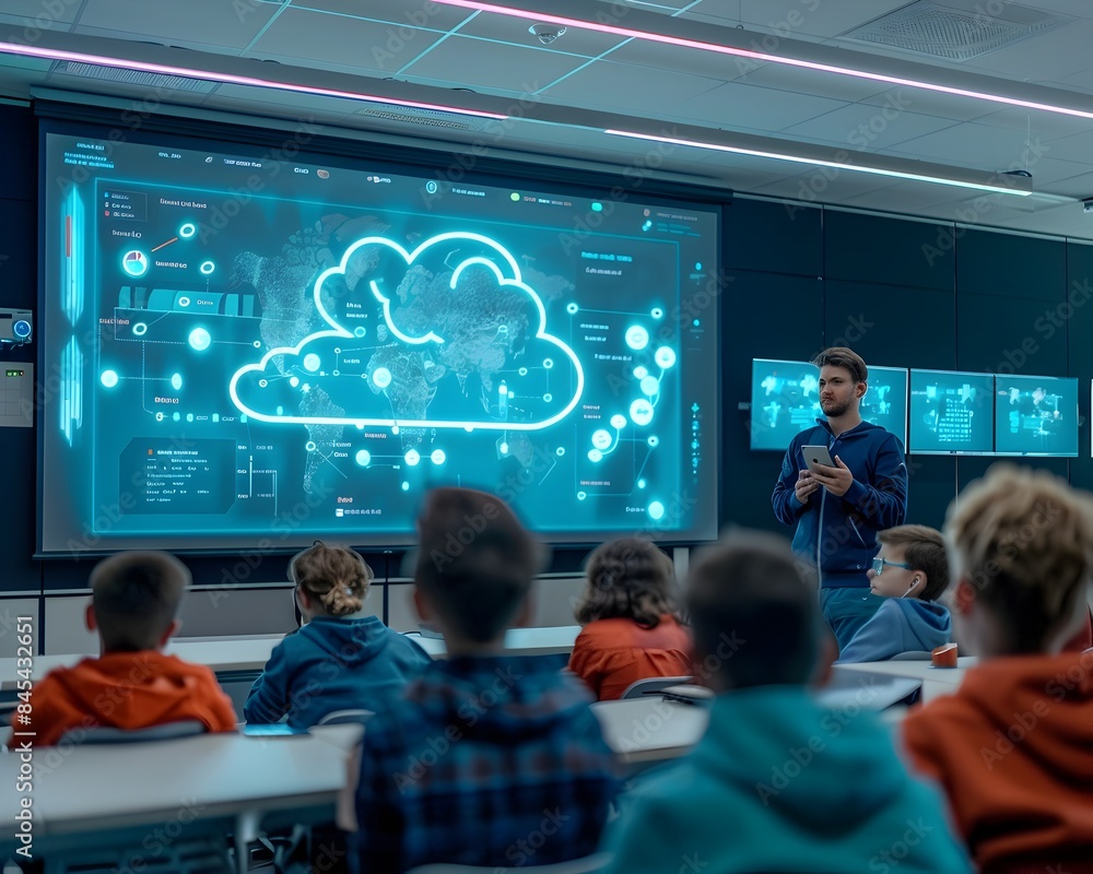 Poster educational cloud computing technology workshop with interactive displays for students