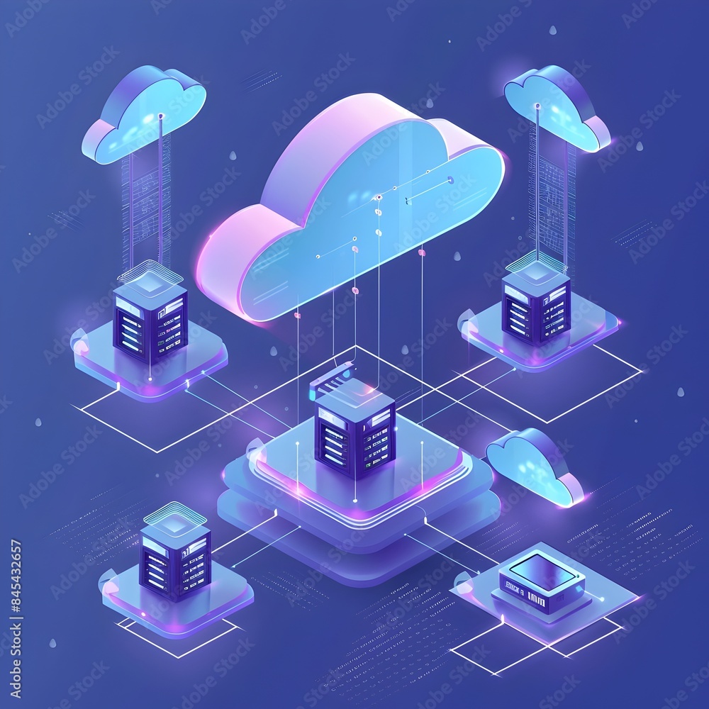 Poster animated isometric diagram showcasing the seamless of data from traditional servers to robust cloud 