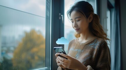 Young Woman Using Smartphone App Connected to Cloud Services for Everyday Tasks