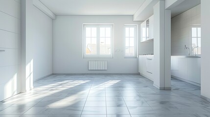 Fototapeta premium A white, empty kitchen with large windows and an open floor plan.
