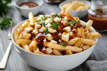Traditional poutine in a white bowl, a comforting Canadian classic dish