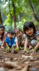 Fototapeta premium Children Exploring Nature in Outdoor Classroom for Environmental Conservation Education