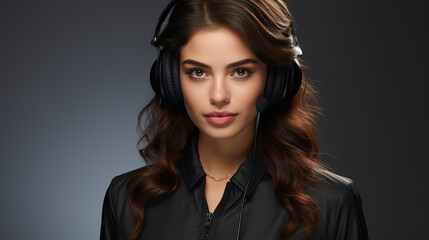 Cocky contact center representative conversing with a client while isolated in a backdrop