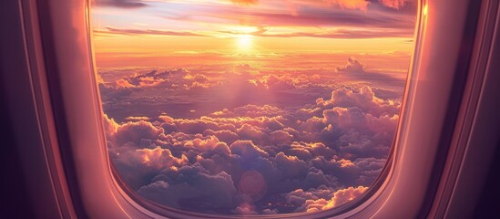 Obraz premium Breathtaking View of the Clouds and Sunset Through the Airplane Window
