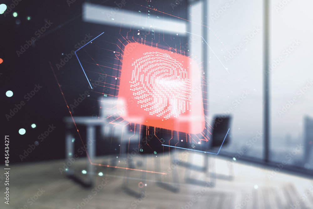 Leinwandbilder multi exposure of abstract graphic fingerprint sketch and modern desktop with pc on background, fing
