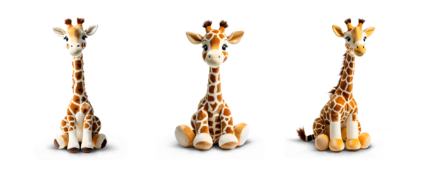 Set of 3 Giraffe stuffed animal toys isolated transparent png background. Generative Ai