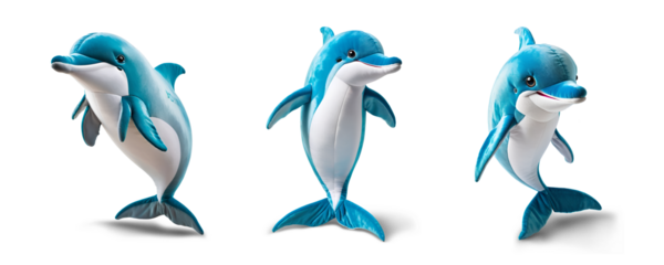 Set of 3 Dolphin stuffed animal toys isolated transparent png background. Generative Ai