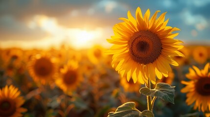 Fototapeta premium Sunflower in the field with daylight and vivid blue sky, Sunflowers also a popular economic crop to bring seeds to be consumed Including the extraction of sunflower oil, popular among health lovers.