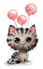 Cute watercolor kitten kid cat fluffy adorable nursery childish character animal hand drawn isolated on white background happy birthday greeting card